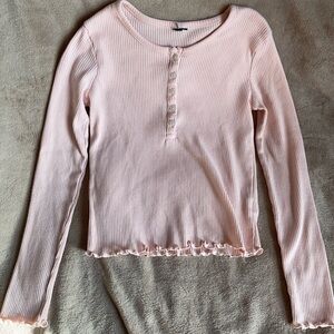 Light Baby Pink Ribbed Long Sleeve Sweater with Buttoned Front & Ruffles